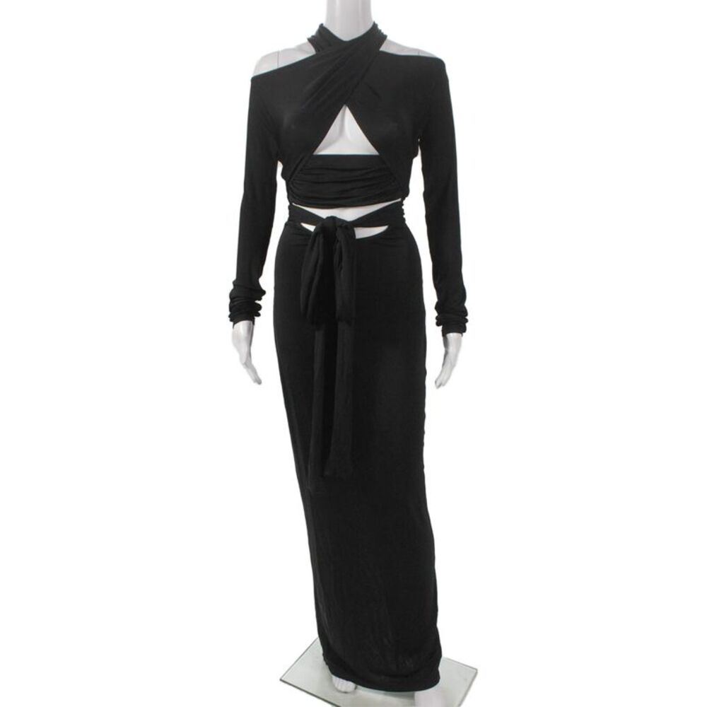 LaPointe Women Maxi Halter Long Sleeve Black Dress Zip 94% Acetate Size 0